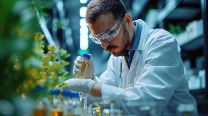 A man in a lab coat is working with a plant