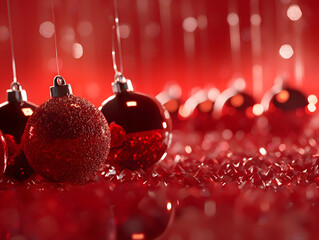 Canvas Print - Festive Red Christmas Baubles with Glitter and Bokeh Background