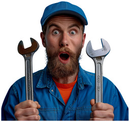 Man Holding Two Wrenches and Hammer. Transparent Background PNG