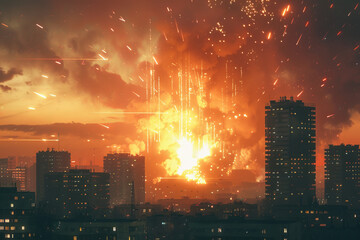 Wall Mural - A nuclear explosion in a city, the buildings silhouetted against the bright flash of the explosion.