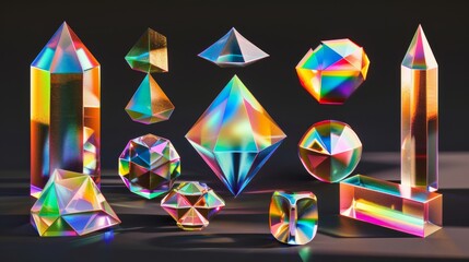 Poster - A stylish holographic retro futuristic set object. Glossy iridescent geometric shapes. Crystal glass elements. Overlay dispersion light. Rainbow gradient icon on black background. 3D rendering.