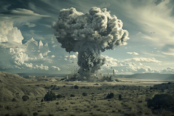Wall Mural - A powerful image of a nuclear explosion, the mushroom cloud rising high into the sky.