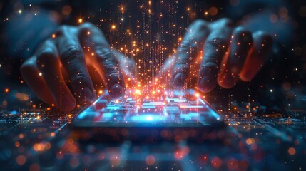 Poster - Two multidirectional arrows on the background of a hand holding a smartphone, the concept of sharing in the application. Modern illustration.