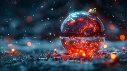 Poster - Holiday ball toy in technological style. Futuristic cyber Happy New Year greeting card. Winter holiday background.