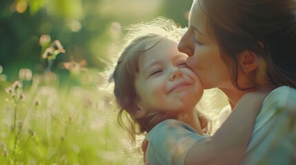 The concept of family, kids, and happy people is illustrated by a happy little girl hugging and kissing her mother against a green background.