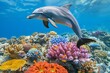 dolphin leaping near a brightly colored coral reef