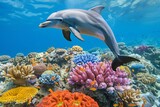 Fototapeta Desenie - dolphin leaping near a brightly colored coral reef