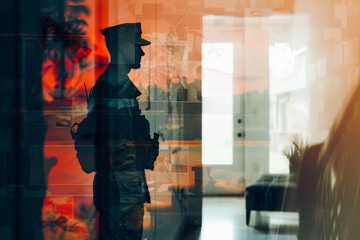 An abstract image of a soldier standing in their home, their family photos visible in the background.