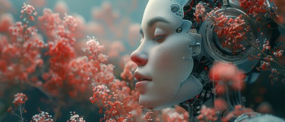 Poster - An AI personality profile. An artificial intelligence with a humanoid head taking a robotic flower in hand. A sci-fi concept. A computer neural network learns the world. Digital Brain analysis is used