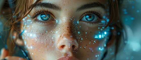 Poster - Female cyborg robot, with a beautiful face and a robotic hand, working on 3D holographic interface. Anthropomorphic artificial intelligence AI concept.