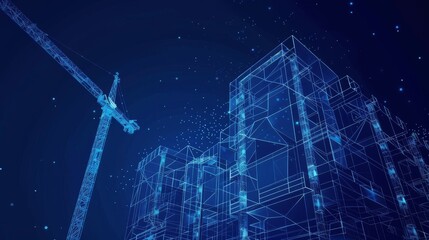 Aufkleber - A polygonal wireframe building under a dark blue night sky with stars. Suitable for construction, development, architecture, design or other concept illustrations.