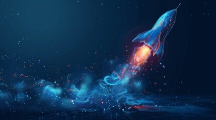 Leinwandbilder - Graphite rocket launch concept. Blue geometric background. Wireframe light connection structure. Modern 3D graphic concept. Isolated  illustration.