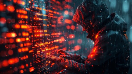 Fototapete - Digital interface and dark digital background showing a hacker working on a code on the internet.