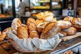 Fototapeta Desenie - fabric basket full of assorted bread at a bakery counter