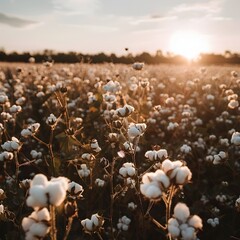 Wall Mural - Close-Up Glimpse of Lush Cotton Plantation Bathed in Warm Sunset Glow,Showcasing the Natural Birthplace of Essential Textile Raw Material