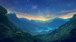  Starry night sky melts into dawn over a lush mountain range, blending astral beauty with earthly majesty.