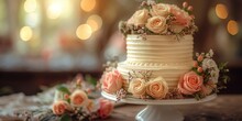 Wedding Cake Decorated With Roses, Generative Ai
