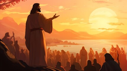 Wall Mural - Jesus Preaching a Parable to a Captivated Audience Amid a Breathtaking Sunset Landscape