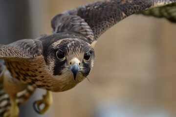 Wall Mural - falcon passing close to camera with eye detail visible