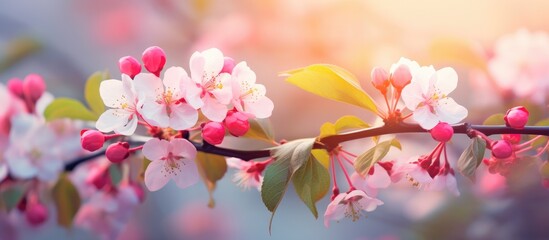 Wall Mural - A closeup shot of a cherry blossom tree branch showcasing its pink and white flowers, a stunning display of natural art in the form of flowering plants