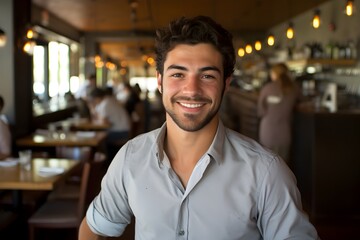 Smiling Young Businessman in Casual Attire at a Restaurant or Cafe