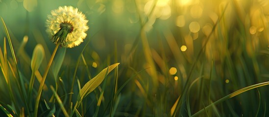 Wall Mural - A dandelion, a flower plant, is blooming in the grass of a meadow, amidst a natural landscape where people enjoy the beauty of terrestrial plants