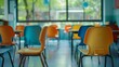 
School classroom in blur background without young student. Blurry view of elementary class room no kid or teacher with chairs and tables in campus. Back to school concept ai Generated 
