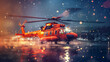Red helicopter landing on wet ground, background is night harbor with ships and lights, bokeh effect, snow falling in the air, photo realistic, high resolution