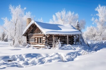 Poster - Beautiful winter landscape with old wooden house, trees and blue sky