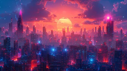 Wall Mural - A digital artwork of a cyberpunk city at night. Towering skyscrapers pierce a dark blue sky, illuminated by vibrant neon signs and holographic advertisements. Flying vehicles streak through the air.