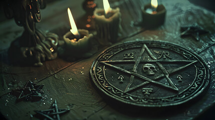 A pentagram with a skull and white candles on a dark wooden table. Occult symbols for a ritual or ceremony.