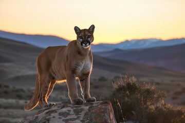 Wall Mural - puma on rock, mountain sunset scene