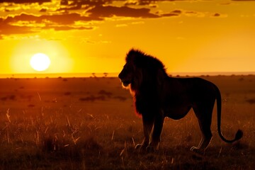 Wall Mural - lion silhouette with sunset over savanna