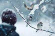 birds perched on snowy branch as person watches