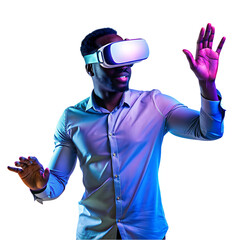 young men using vr-glasses with neon lights