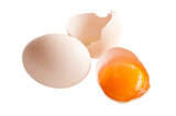 Fototapeta Tulipany - Broken egg and egg yolk close up photo isolated on transparent background, png file