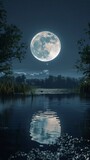 Fototapeta Natura - Full moon over a tranquil lake, reflection on water, low angle, night, hyper-realistic 