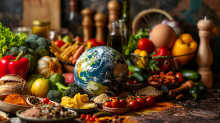 Earth globe at the center of food variety, cooking ingredients and cooking utensils, world food day and flavorful international cuisine concept.