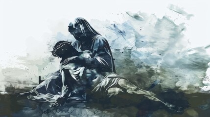 Wall Mural - Jesus Taken Down from the Cross, Pieta Scene, Mother Mary Holding Son, Digital Watercolor Painting