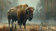 Majestic European bison bull with shaggy fur and curved horns, standing in misty forest landscape, digital wildlife painting