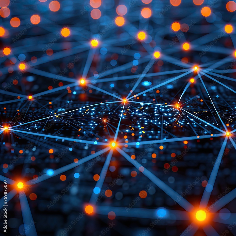 A futuristic neural network with glowing blue nodes and connecting ...