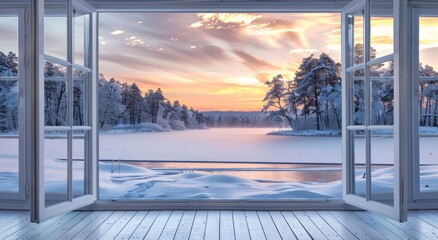 Wall Mural - A beautiful winter landscape outside the window, with snow covered trees and a frozen lake under soft pink sunset sky