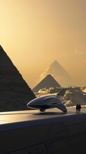A Minimalist Design Of A Sleek Spaceship Landing Near A Pyramid On An Alien Planet