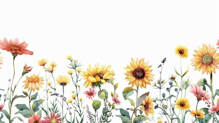 Seamless Watercolor Floral Border with Daisies and Sunflowers, Summer Wildflowers