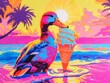 A whimsical airbrush illustration featuring a duck on a sunny 1980s beach, its beak buried in a melting ice cream, against a backdrop of vivid contrasts