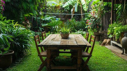 Wooden table and chairs in a lush green garden, exterior furniture photo