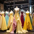 Numerous elegant pink, white, and yellow formal bras and evening dresses are available for sale at a luxury modern boutique, offering prom gowns, wedding attire, and eveningwear, along with bra dress 