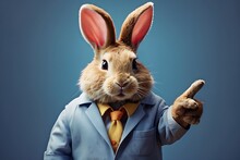 Funny Rabbit Dressed Like A Businessman Pointing At Something On Blue Background