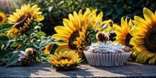   A Cupcake Atop A Wooden Table Alongside Sunflowers And A Bee