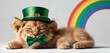   A cat wearing a green bowtie and green hat with a rainbow in the background and another one behind it